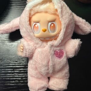 🐰 Pink Bunny Plush Doll Onesie – LOVE Patch – Cozy Pajama Fit